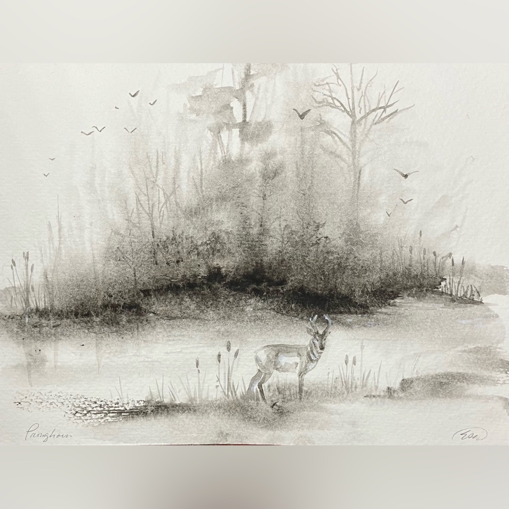 Deer Original landscape Painting Foggy art Forest Wildlife western Artettina USA